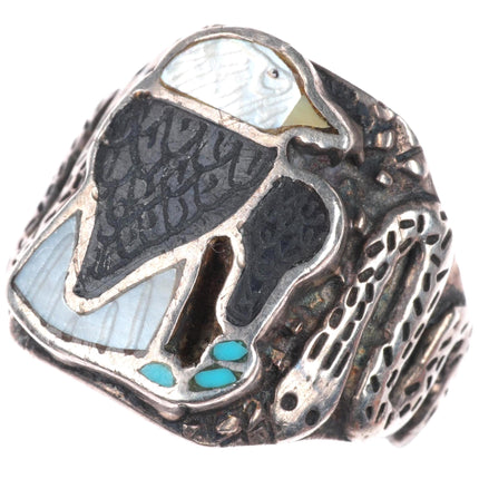 sz9 vintage Zuni sterling silver channel inlay eagle ring with snakes on sides