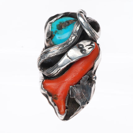 sz8.5 Dan Simplicio Zuni sterling silver branch coral, turquoise snake ring