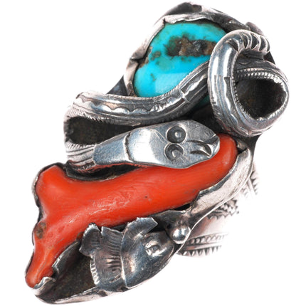 sz8.5 Dan Simplicio Zuni sterling silver branch coral, turquoise snake ring