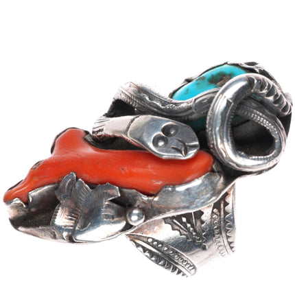 sz8.5 Dan Simplicio Zuni sterling silver branch coral, turquoise snake ring