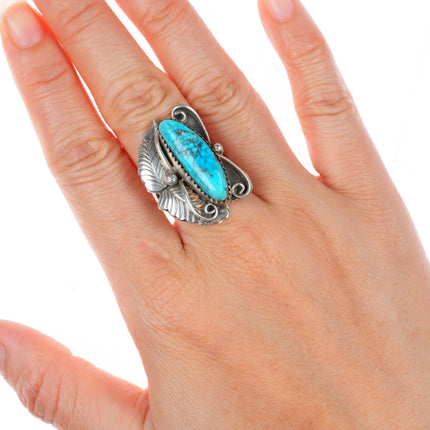 sz7.5 vintage Navajo sterling silver spiderweb turquoise feather ring