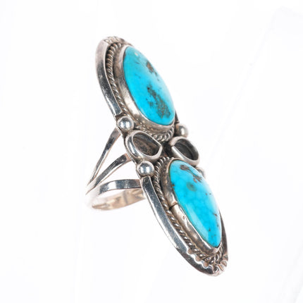 sz7.5 long vintage Navajo sterling silver 2 stone turquoise ring