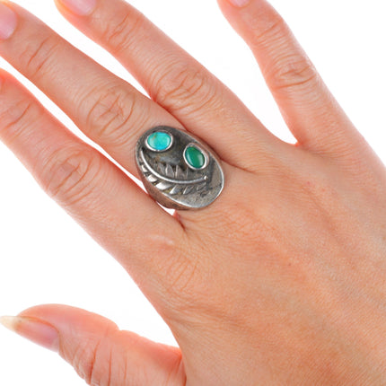sz8.5 vintage Navajo sterling silver turquoise 2 stone feather ring