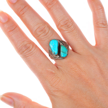 sz8.5 vintage Navajo sterling silver 2 stone ring with stamped sides