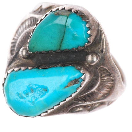 sz8.5 vintage Navajo sterling silver 2 stone ring with stamped sides