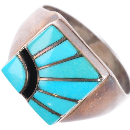 sz10 Amy Quandelacy Zuni sterling silver turquoise channel inlay sun ring