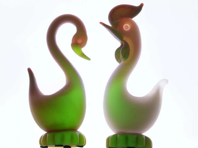 Italian Uranium glass Mid Century Murano Burmese Chicken and Swan figures - Estate Fresh Austin