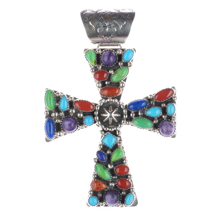 Janet Jake Navajo Sterling Charoite, Gaspeite, Turquoise, coral cross pendant - Estate Fresh Austin