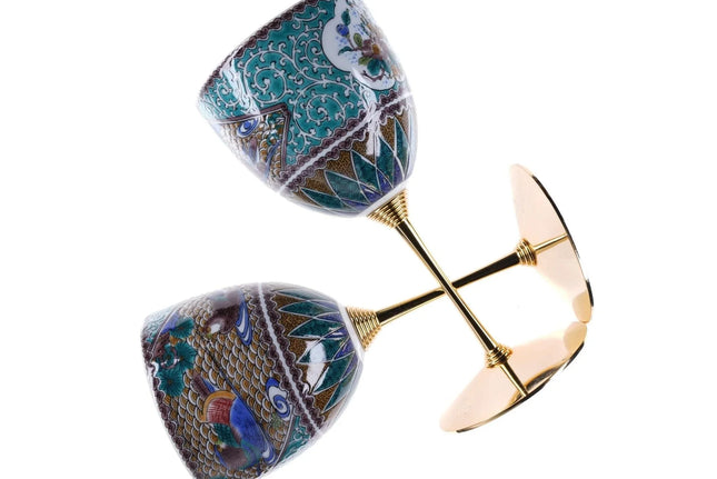 Japanese Kutani Hand Painted Goblets with brass bases - Estate Fresh Austin