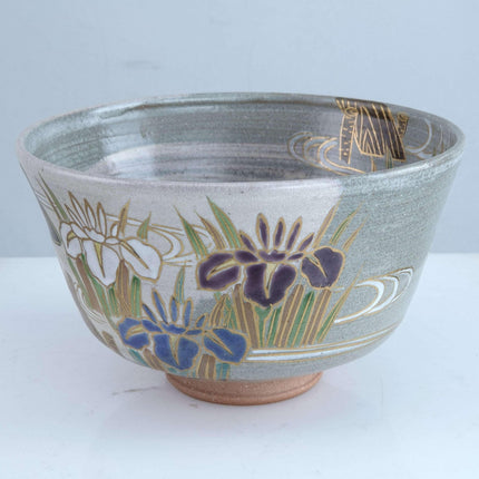 Japanese Studio Pottery Hand Painted Iris with gold Tea Bowl - Estate Fresh Austin