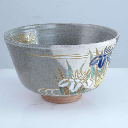 Japanese Studio Pottery Hand Painted Iris with gold Tea Bowl - Estate Fresh Austin