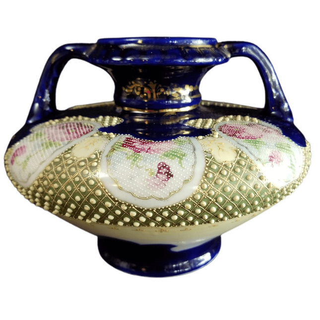 Jeweled Nippon Moriage Vase Rose Tapestry Cobalt Gold with handles c.1880s 8.7 - Estate Fresh Austin