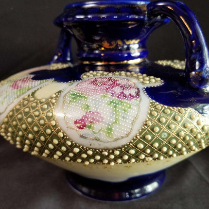 Jeweled Nippon Moriage Vase Rose Tapestry Cobalt Gold with handles c.1880s 8.7 - Estate Fresh Austin