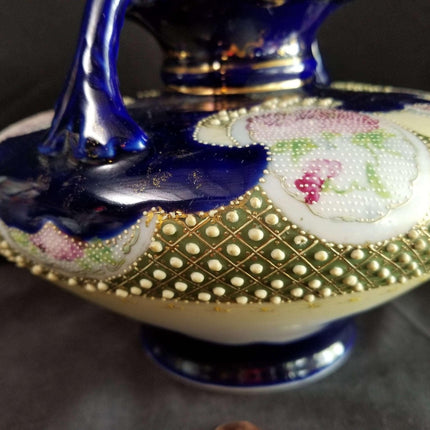 Jeweled Nippon Moriage Vase Rose Tapestry Cobalt Gold with handles c.1880s 8.7 - Estate Fresh Austin