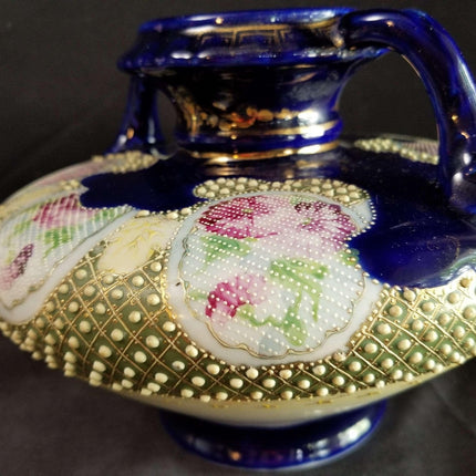 Jeweled Nippon Moriage Vase Rose Tapestry Cobalt Gold with handles c.1880s 8.7 - Estate Fresh Austin