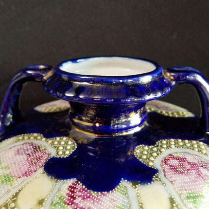 Jeweled Nippon Moriage Vase Rose Tapestry Cobalt Gold with handles c.1880s 8.7 - Estate Fresh Austin