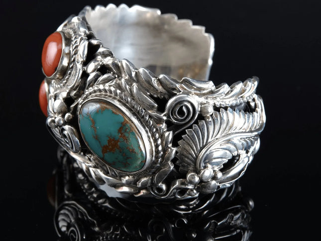 7" Joe Paul Navajo Sterling Royston Turquoise and Coral Cuff Bracelet - Estate Fresh Austin