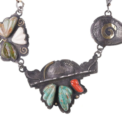 Jolene Eustace (Cochiti/Zuni) 18k/14k/sterling Carved Turquoise, coral, and shel - Estate Fresh Austin
