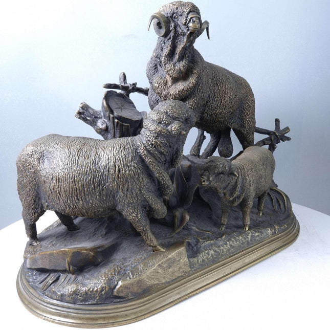 Jules Moigniez (1835-1894) Bronze Merino Ram and Sheep Sculpture - Estate Fresh Austin