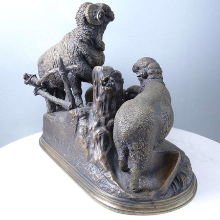 Jules Moigniez (1835 - 1894) Bronze Merino Ram and Sheep Sculpture - Estate Fresh Austin