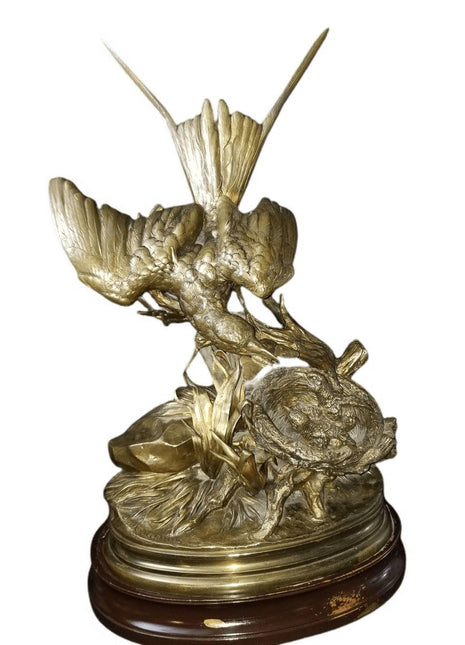 Jules Moigniez Bronze (1835 - 1894) Bird Feeding Chicks Sculpture 21" x 13" - Estate Fresh Austin