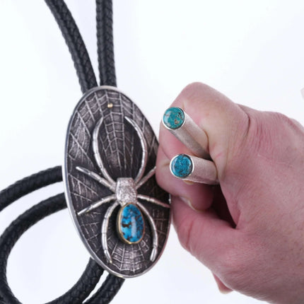 Kelsey Jimmie Navajo 18k Accented Sterling and turquoise Oversized spider bolo t - Estate Fresh Austin