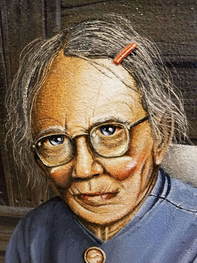 Ken Fleisch (1943-2008) Texas Grandma in Rocker on Porch Oil Painting - Estate Fresh Austin