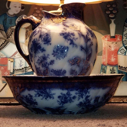 Lamp repurposed from 1890's Flow Blue Wash Bowl and Pitcher Set "Dresden" Humphr - Estate Fresh Austin