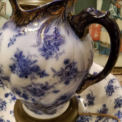 Lamp repurposed from 1890's Flow Blue Wash Bowl and Pitcher Set "Dresden" Humphr - Estate Fresh Austin