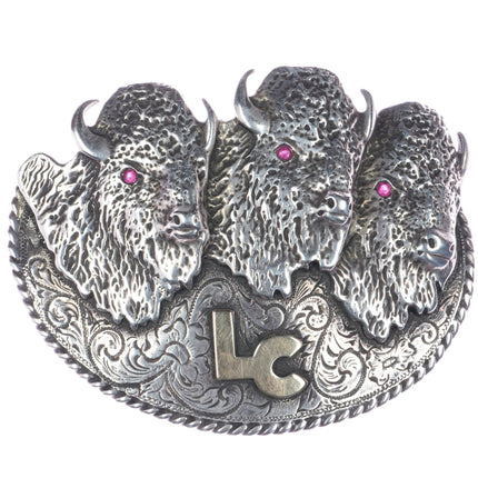 Large 10k/Sterling 1970's Glad Hand Buffalo belt buckle LC Initials - Estate Fresh Austin