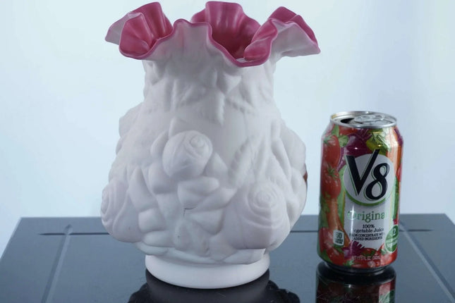 Large 1960's Fenton Puffy Rose Cranberry Satin Cased milk glass vase - Estate Fresh Austin