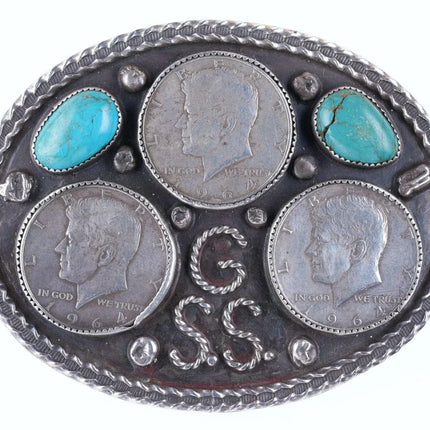 Large 1964 Native American sterling/turquoise Silver half dollar belt buckle - Estate Fresh Austin