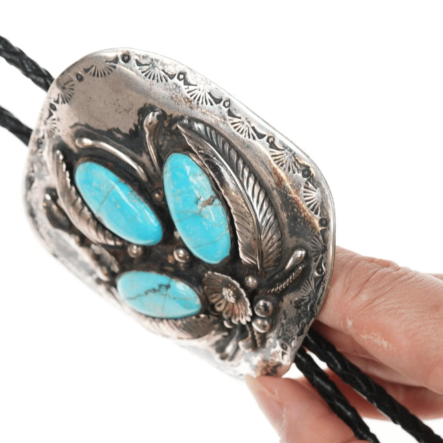 Large 1970's Native American silver and turquoise bolo tie - Estate Fresh Austin