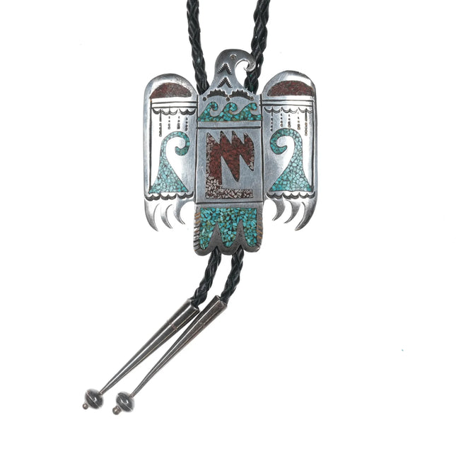 Large 1970's Navajo Sterling chip inlay thunderbird bolo tie - Estate Fresh Austin