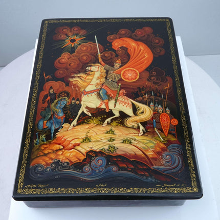 Large 1982 Kholui Lacquer Box Russian Prince Igor Artist Signed 8" x 6" x 1 7/8" - Estate Fresh Austin