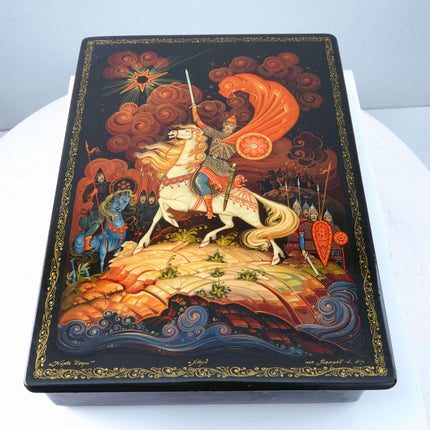 Large 1982 Kholui Lacquer Box Russian Prince Igor Artist Signed 8" x 6" x 1 7/8" - Estate Fresh Austin