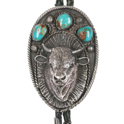 large 50's - 60's Native American sterling and turquoise buffalo bolo tie - Estate Fresh Austin