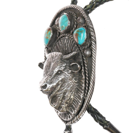 large 50's - 60's Native American sterling and turquoise buffalo bolo tie - Estate Fresh Austin