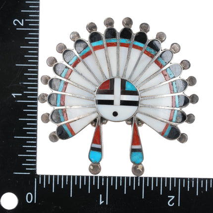 Large 50's - 60's Zuni Sunface Indian Chief sterling channel inlay pin - Estate Fresh Austin