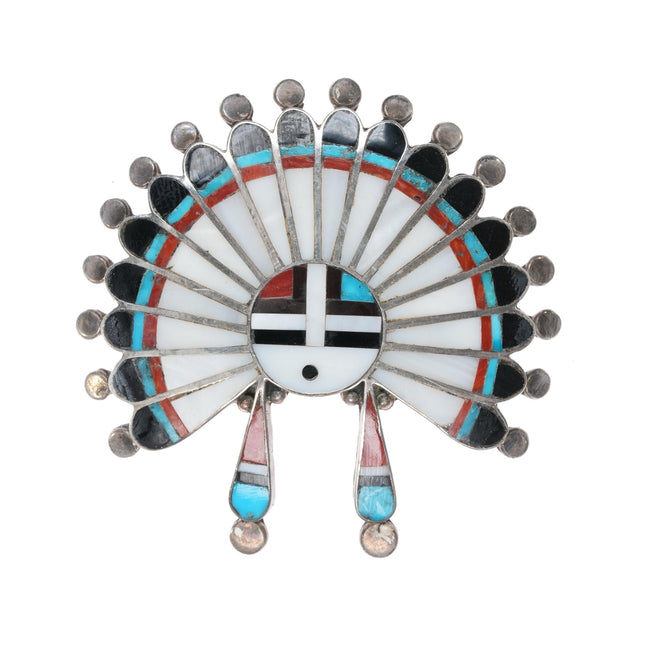 Large 50's - 60's Zuni Sunface Indian Chief sterling channel inlay pin - Estate Fresh Austin