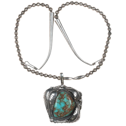 Large 60's-70's Navajo Silver beaded necklace with turquoise pendant - Estate Fresh Austin
