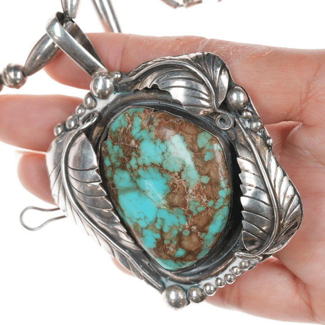 Large 60's-70's Navajo Silver beaded necklace with turquoise pendant - Estate Fresh Austin