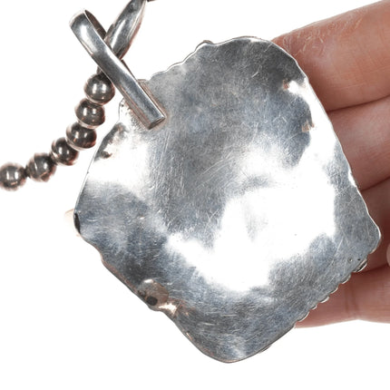 Large 60's-70's Navajo Silver beaded necklace with turquoise pendant - Estate Fresh Austin