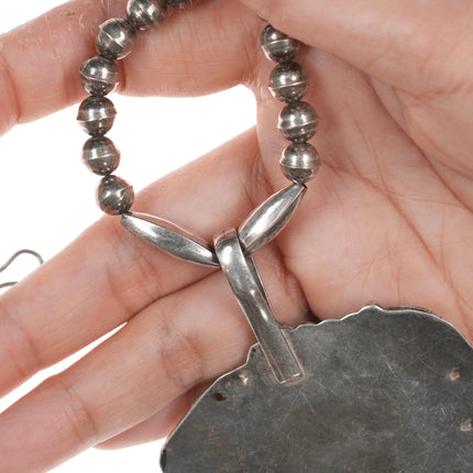 Large 60's-70's Navajo Silver beaded necklace with turquoise pendant - Estate Fresh Austin