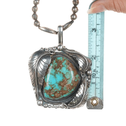 Large 60's-70's Navajo Silver beaded necklace with turquoise pendant - Estate Fresh Austin