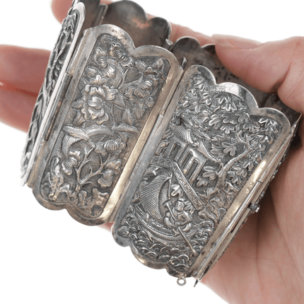 Large Antique Chinese Repousse silver bracelet - Estate Fresh Austin