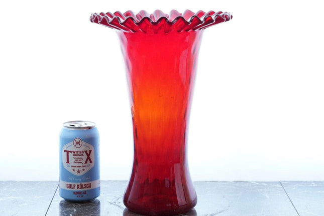 Large c1890 Pigeon Blood Glass optic ruffled vase - Estate Fresh Austin
