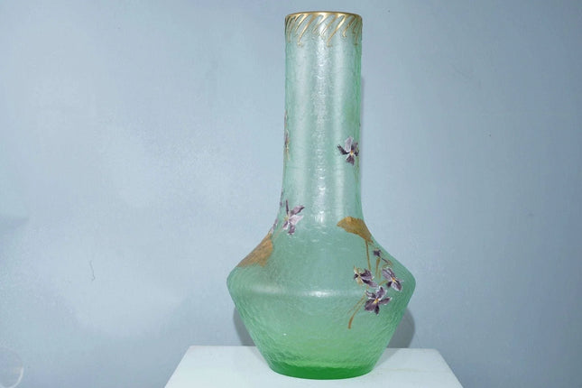 Large c1900 French Mont Joye Cameo art glass vase with hand enameled decoration - Estate Fresh Austin