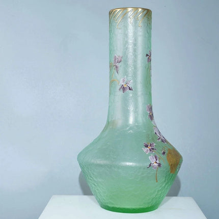 Large c1900 French Mont Joye Cameo art glass vase with hand enameled decoration - Estate Fresh Austin