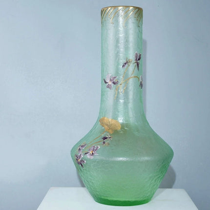 Large c1900 French Mont Joye Cameo art glass vase with hand enameled decoration - Estate Fresh Austin